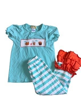 Busy Bee Smocks Girls' Aqua and Coral Pumpkin Smocked Set Girls 6